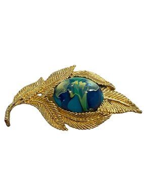Gold-Tone Leaf Brooch With Blue & Green Swirl Cabochon 2.5 Inches Artist fermini